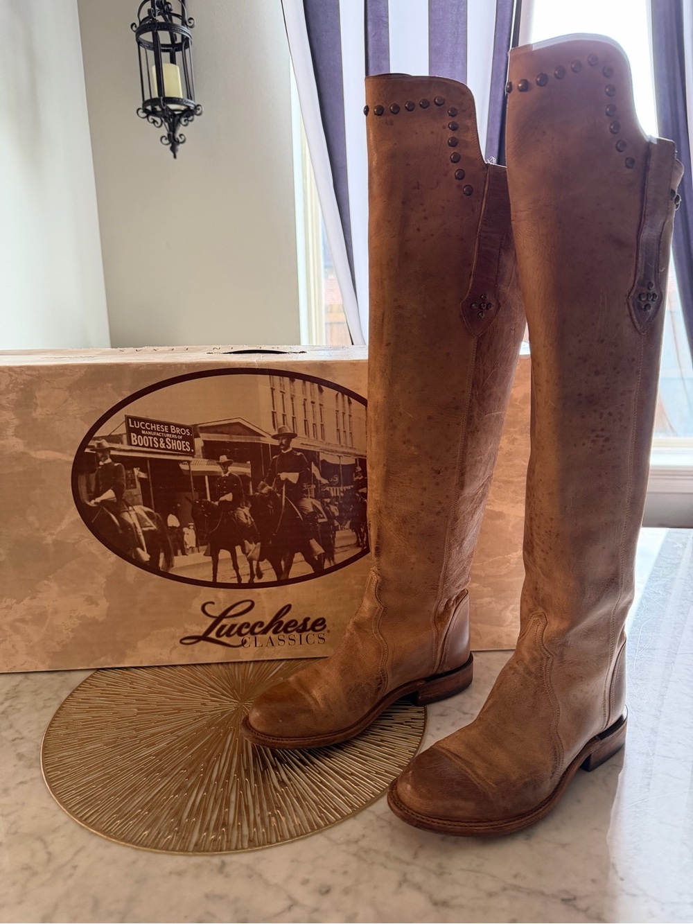 Lucchese Classics Tall Riding Boots Women’s 7B Distressed Tan Leather Studded